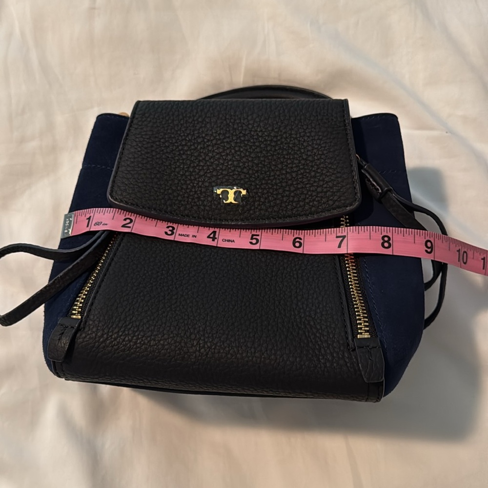 Tory Burch Half Moon Petite Mixed Material Satchel. Blue and Black. - Picture 11 of 13
